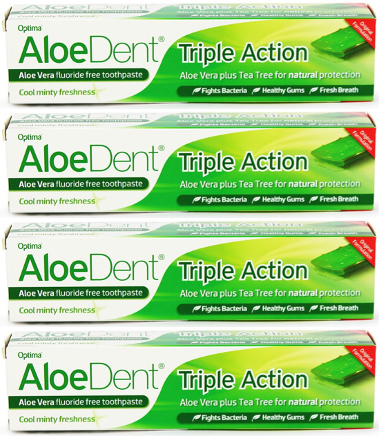 Aloe Dent - Original Triple Action Toothpaste - Fluoride Free - 100ml (4 pack)